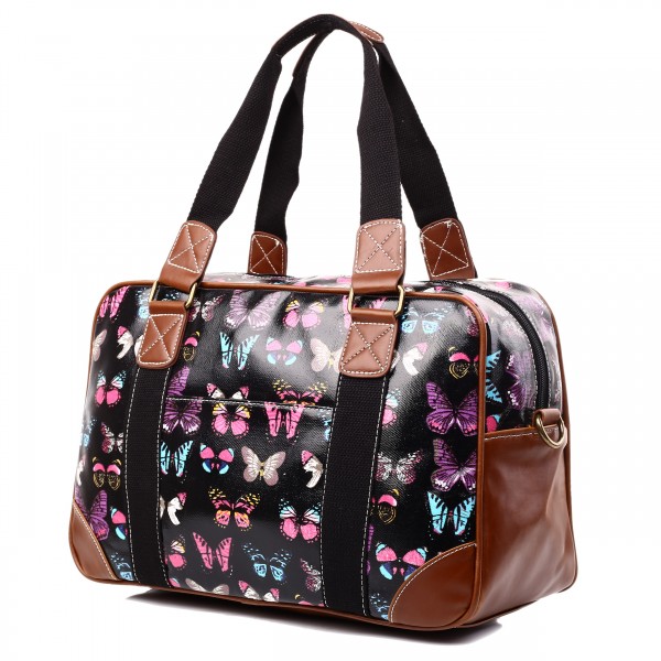 L1106B Miss Lulu Oilcloth Travel Bag Butterfly Black